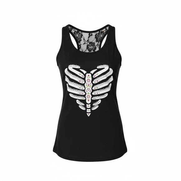 Tops - Halloween Skeleton Graphic‎ Goth Spooky Lace Women's Racerback Tank Top